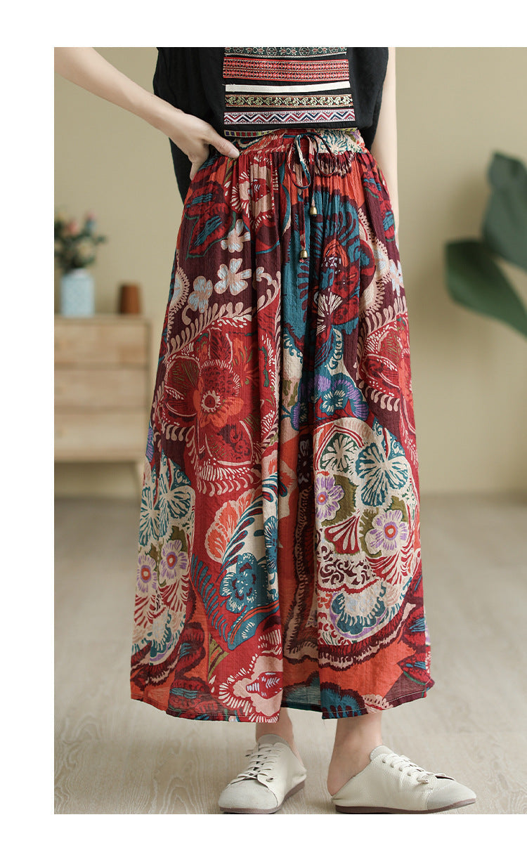 Literary Tencel Linen Print Slim A-line Skirt