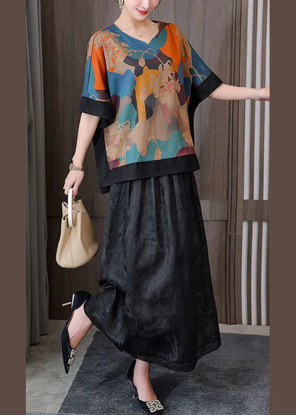 Retro Blue Print V Neck Patchwork Silk Tops and Skirts Two Pieces Set Summer