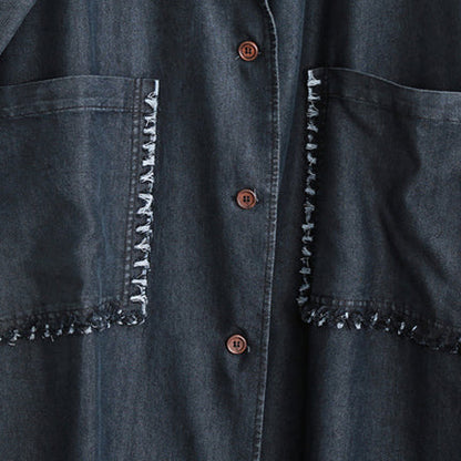 Black Winter Coat Oversized Notched Pockets Long Sleeve Denim Patchwork Long Coats