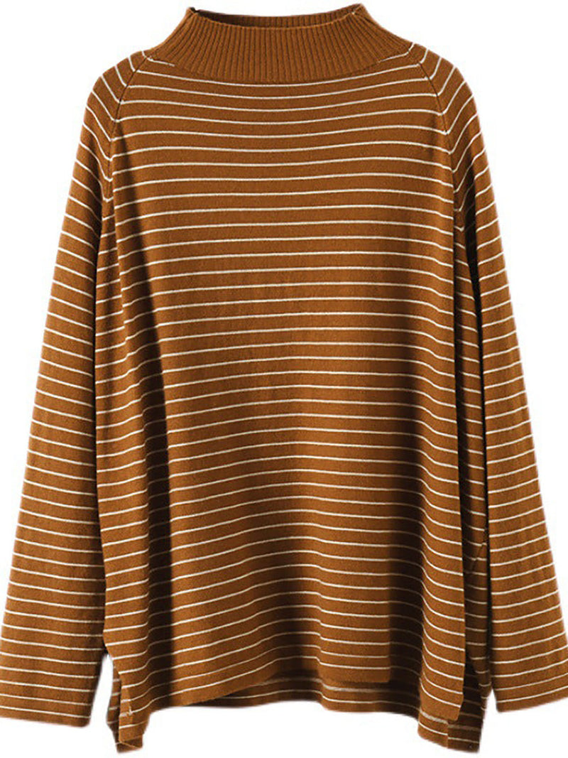 - Stripes Turtleneck Knitted Long Sleeve Sweater