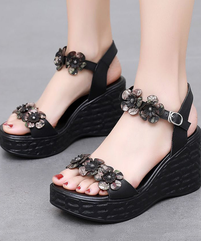 Buckle Strap Wedge Sandals Brown Cowhide Leather