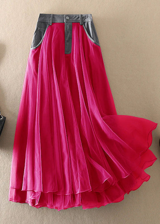 Natural Red High Waist Patchwork Tulle Skirts Spring