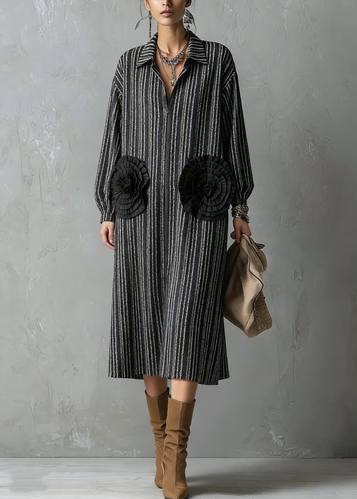 Handmade Black Zip Up Striped Cotton Dresses Spring