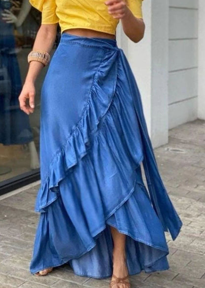 Blue Ruffled Tie Waist Patchwork Denim Skirts Summer