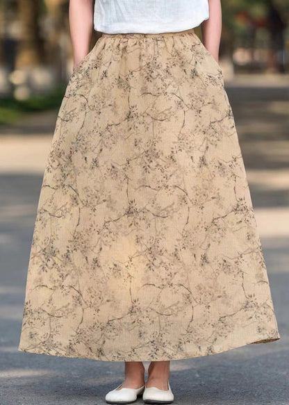 Khaki Pockets Print High Waist Cotton Skirts Summer