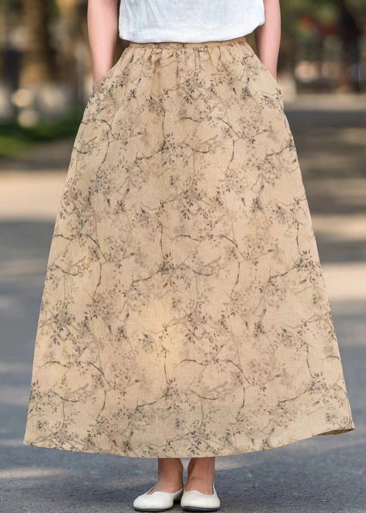 Khaki Pockets Print High Waist Cotton Skirts Summer