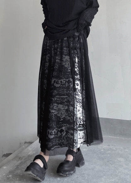 Black Print Elastic Waist Patchwork Tulle Skirt Summer