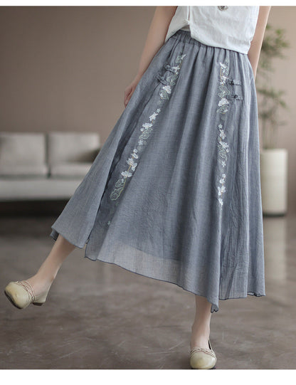 Double Cotton Linen Embroidered Buckle A-line Skirt