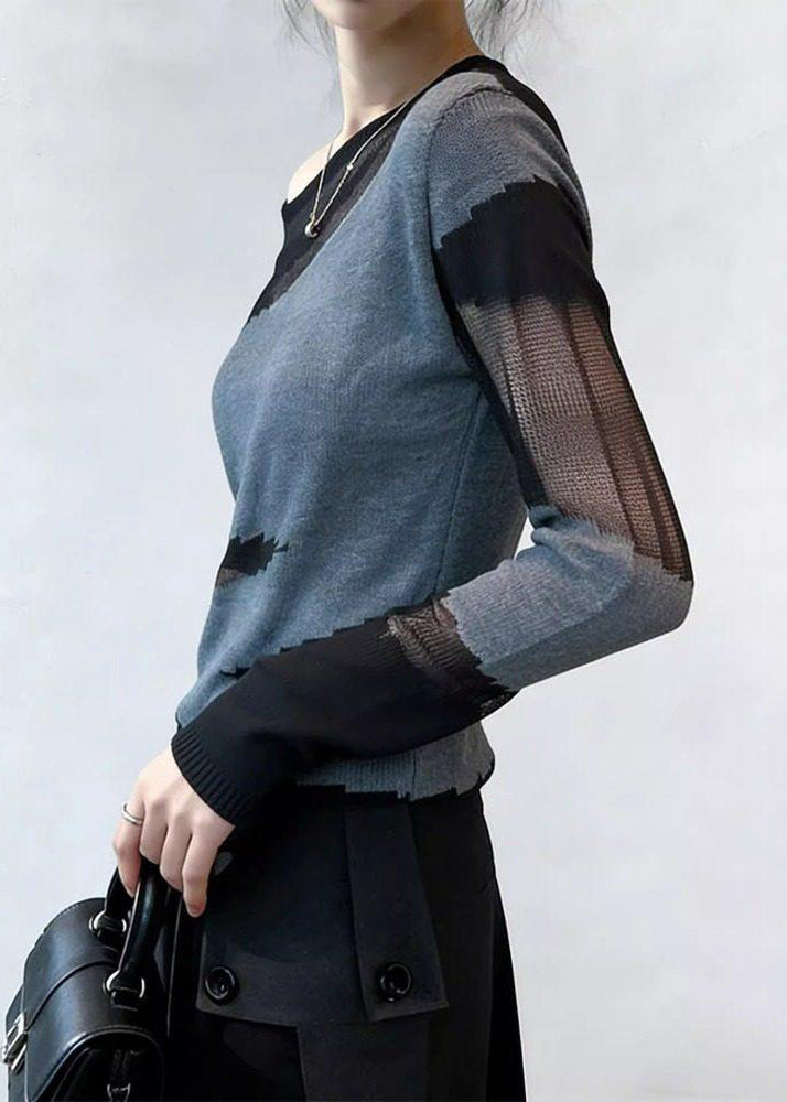 Art Grey Hollow Out Patchwork Thin Knit T Shirts Spring