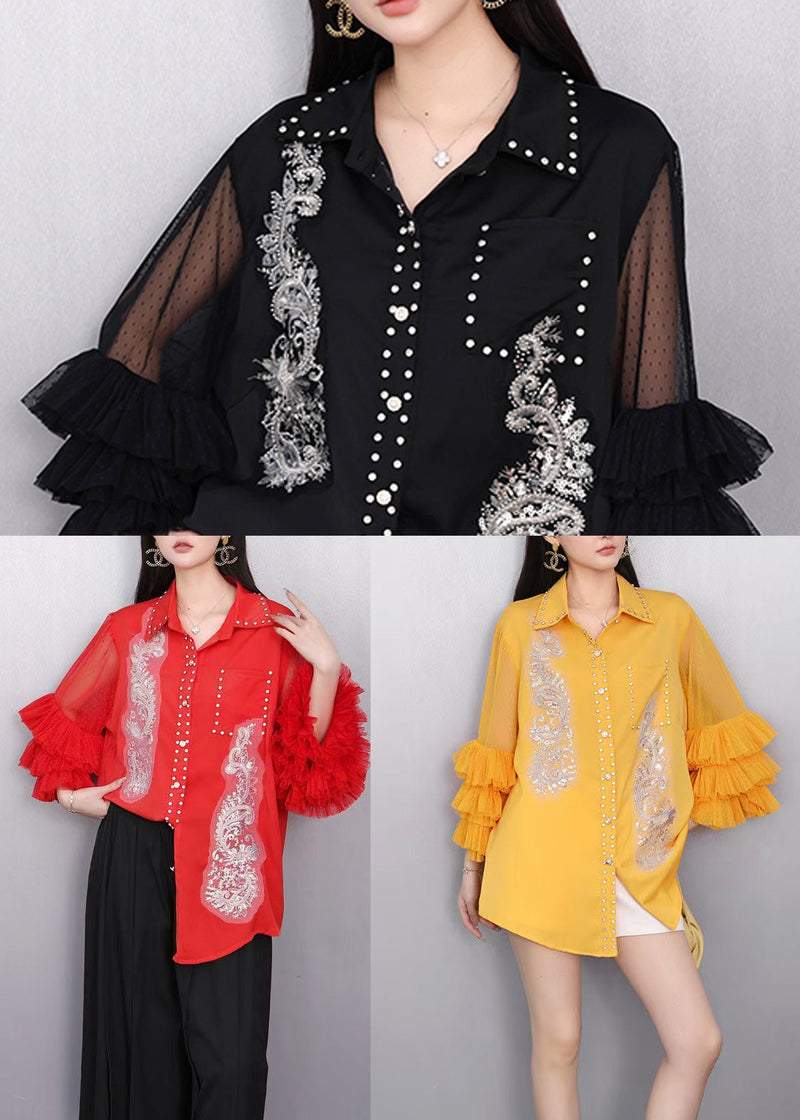 Red Embroidered Chiffon Top Flare Sleeve