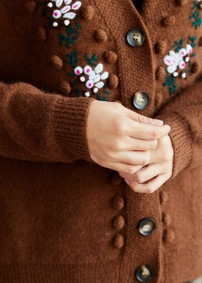 Fitted Coffee Embroideried Button Knit Sweaters Coat Winter