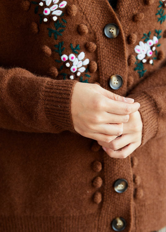 Fitted Coffee Embroideried Button Knit Sweaters Coat Winter