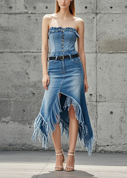 Blue Asymmetrical Patchwork Tasseled Denim Skirts Spring