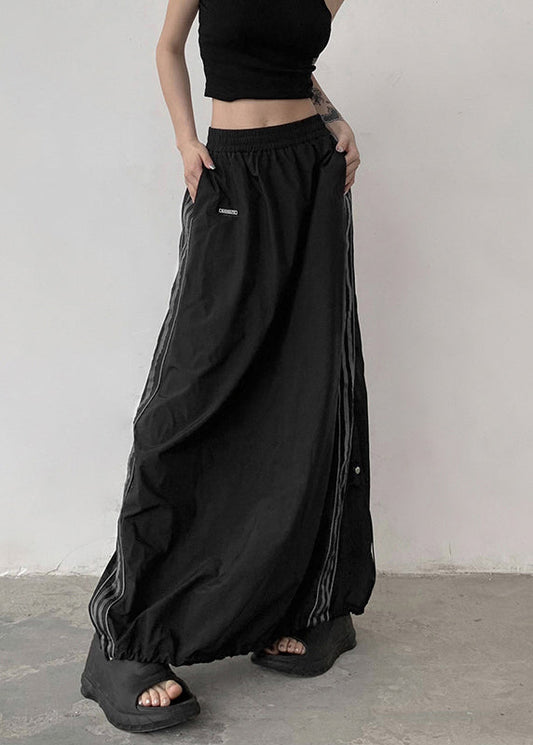 Black Pockets Elastic Waist Patchwork Cotton Maxi Skirts Fall