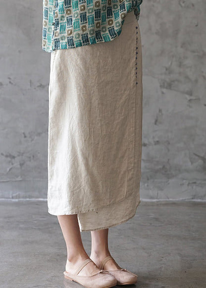 Fine Beige Elastic Waist Asymmetrical Design Pocket Linen Skirts Spring