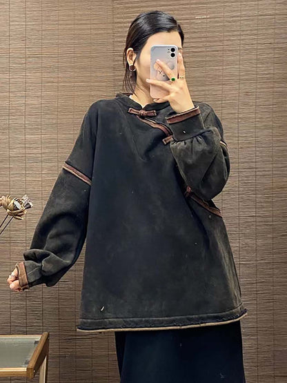 Chinese Button Worn Thick Sweatshirt