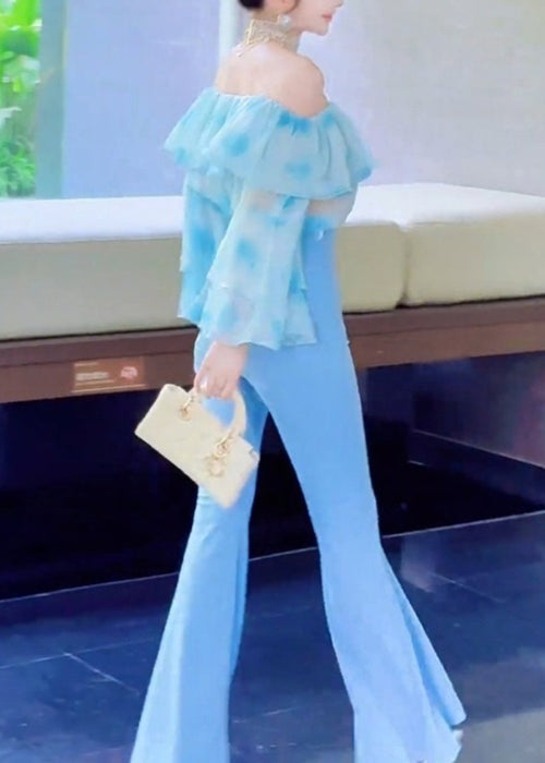 New Blue Slash Nneck Chiffon Shirts and Flare Bottoms Two Pieces Set Fall