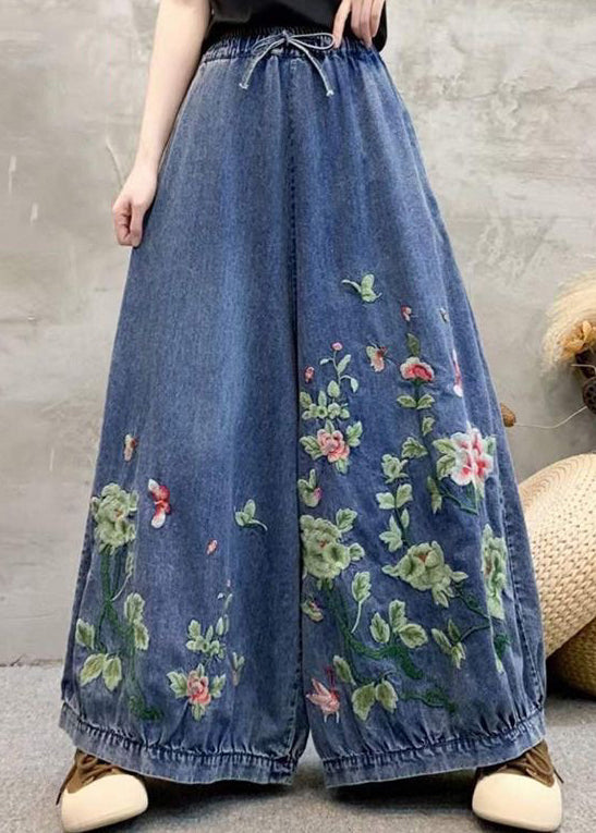 Blue Embroidered Elastic Waist Denim Wide Leg Pants Spring