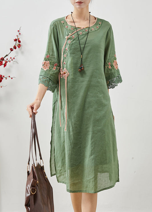 Green Tasseled Embroidered Linen Dresses Summer