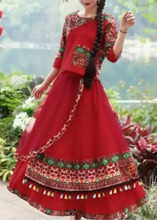 Novelty Red O-neck Print Top and Skirts Two Piece Set Fall