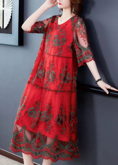 Red O-neck Embroideried Tulle Vacation Dress Half Sleeve