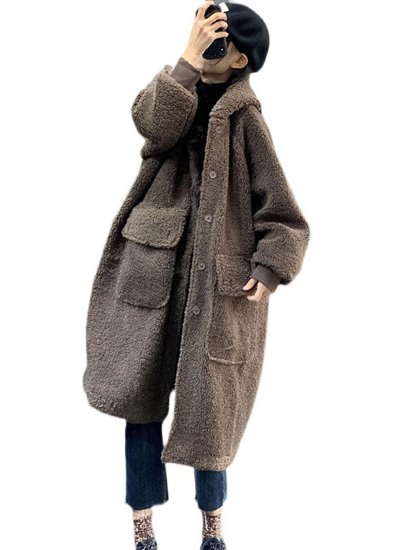 Coffee Hooded Oversized Teddy Faux Fur Long Coats Winter