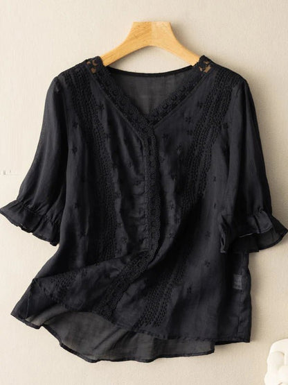 Embroidered V Neck Ruffled Short Sleeve Linen Top