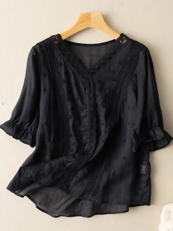 Embroidered V Neck Ruffled Short Sleeve Linen Top