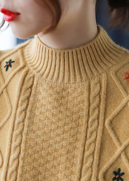 Loose Yellow Embroidered Knit Sweaters Winter