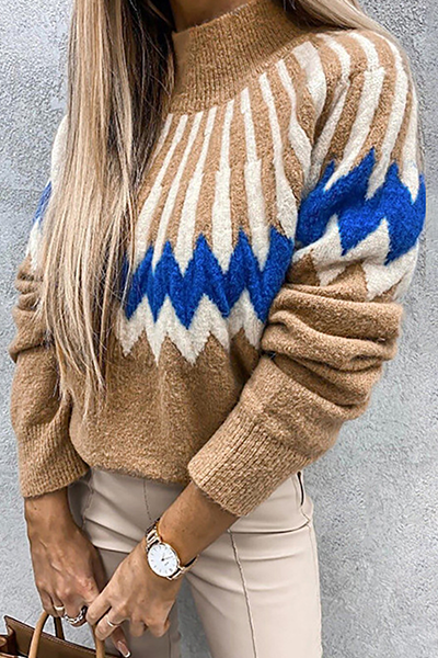 Geometric Patchwork Contrast Turtleneck Tops(4 Colors)