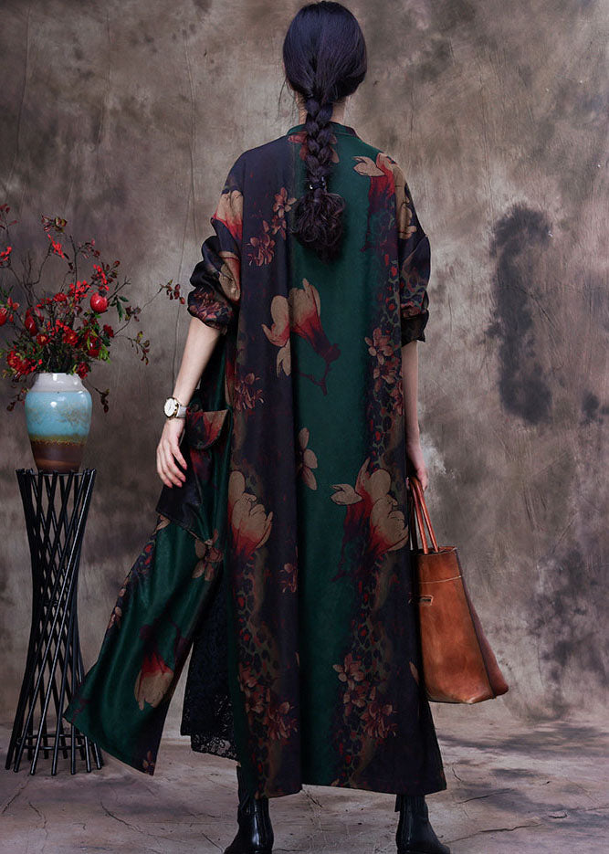 Green Print Patchwork Side Open Oriental Button Cotton Trench Coat Long Sleeve