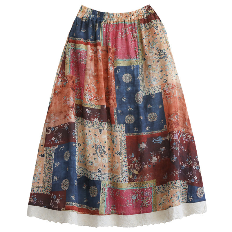 Retro Linen Print Cozy Loose A-line Trimmed Skirt