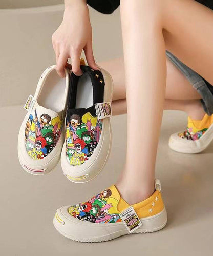 Beige Graffiti Platform Canvas Flat Shoes for