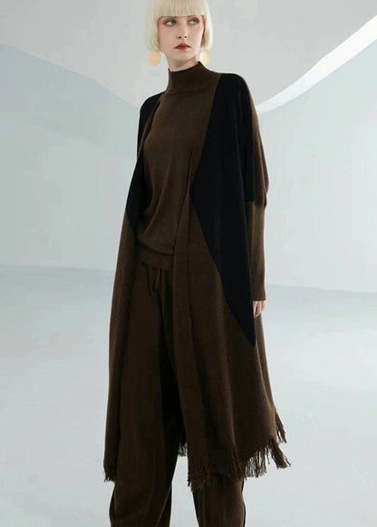 French Dark Coffee V Neck Patchwork Tassel Wool Knit Cardigans Long Sleeve