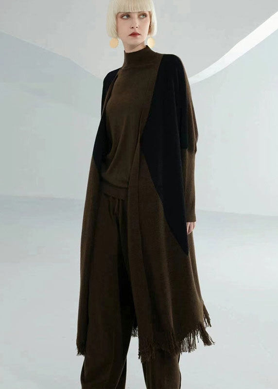 French Dark Coffee V Neck Patchwork Tassel Wool Knit Cardigans Long Sleeve