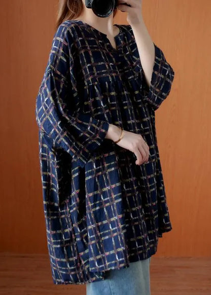 Simple V Neck Summer Shirts Ideas Blue Plaid Top