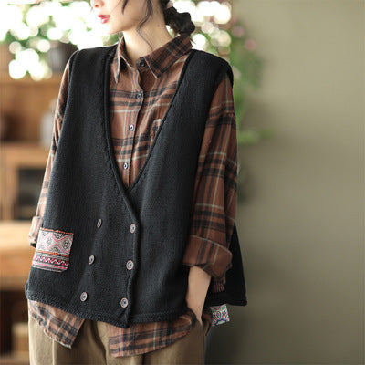 Knit Loose Double-breasted Patch Vest