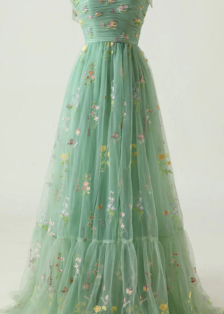 Fine Green Embroidered Wrinkled Patchwork Tulle Dresses Summer