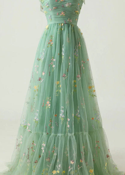 Fine Green Embroidered Wrinkled Patchwork Tulle Dresses Summer