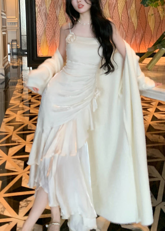 White High Waist Silk Party Dress Ruffled Summer
