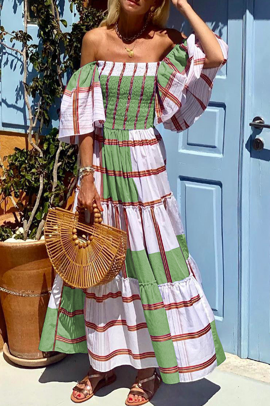 Print Patchwork Off the Shoulder Cake Dresses(3 Colors)