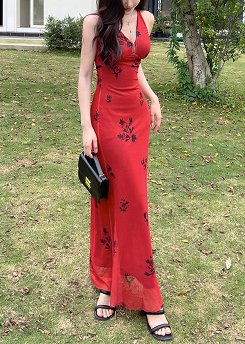 New Red V Neck Print Tulle Maxi Dresses Sleeveless