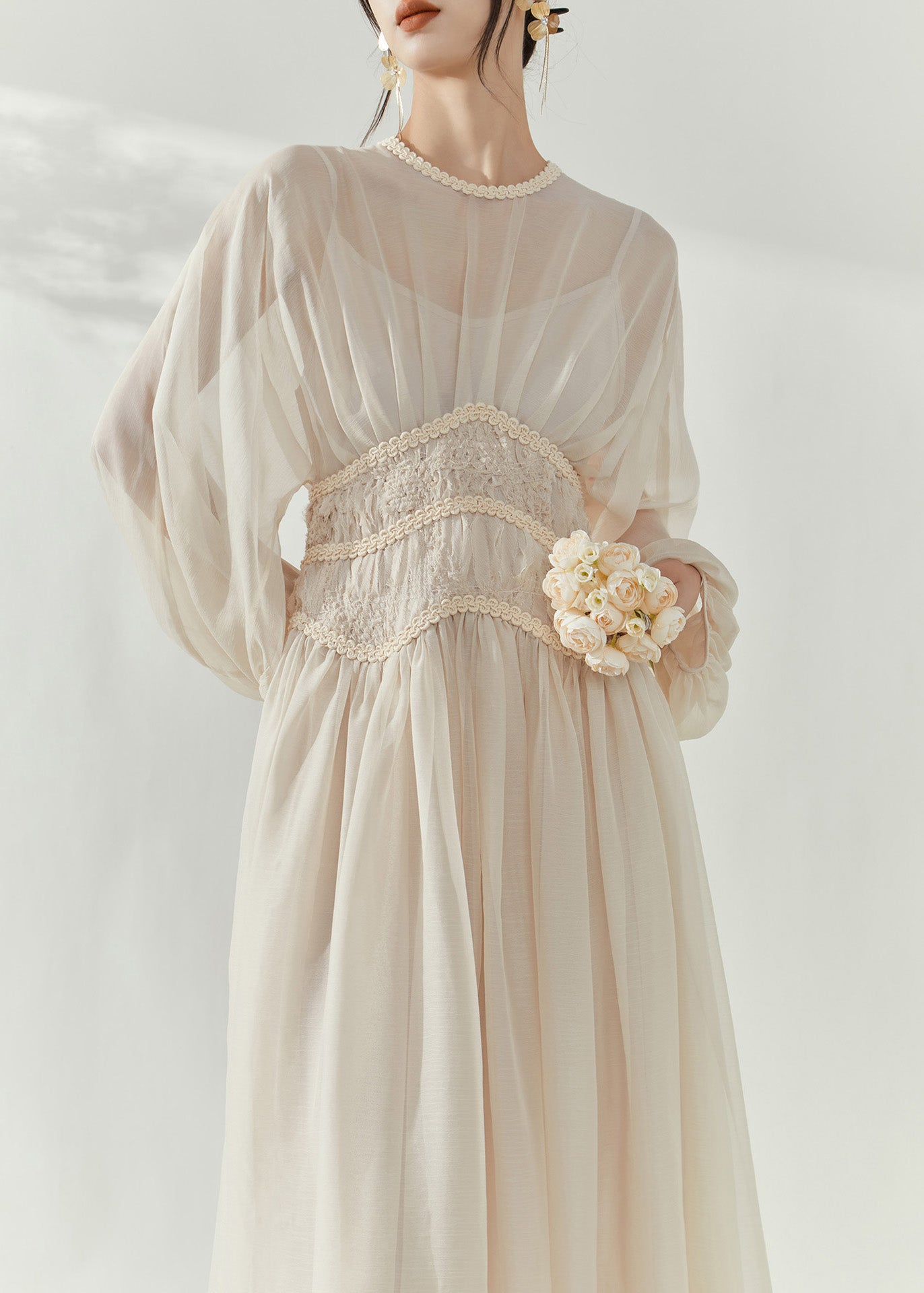 French Beige O-neck Tunic Tulle Long Dresses Lantern Sleeve