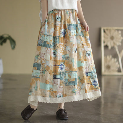 Retro Linen Print Cozy Loose A-line Trimmed Skirt