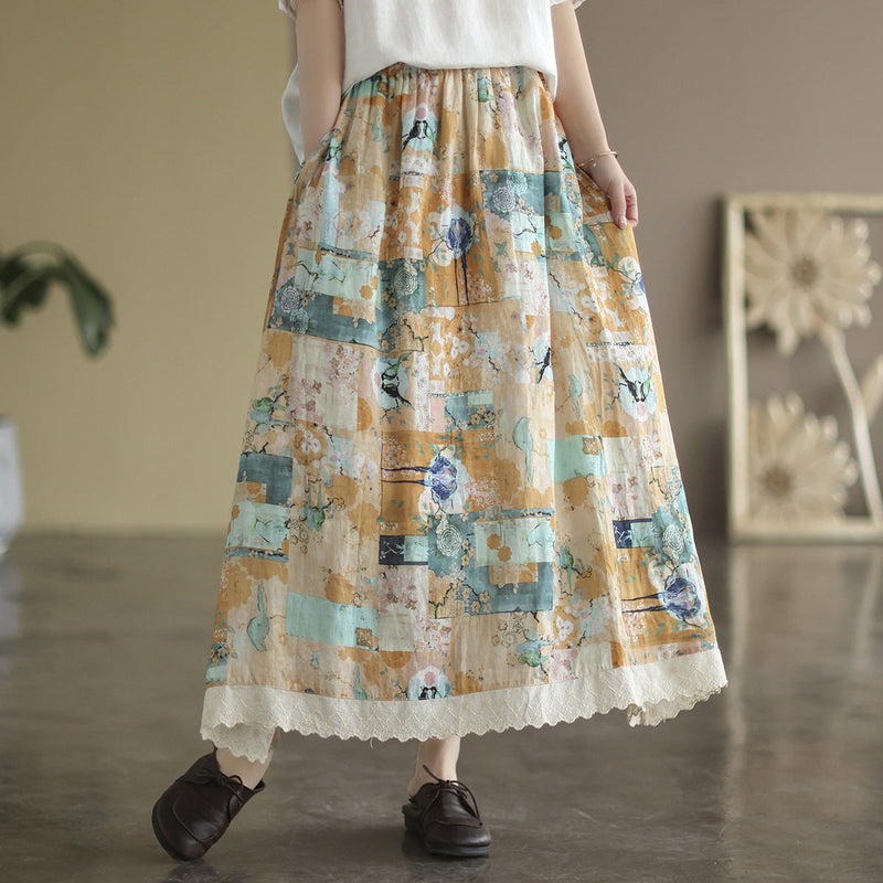 Retro Linen Print Cozy Loose A-line Trimmed Skirt