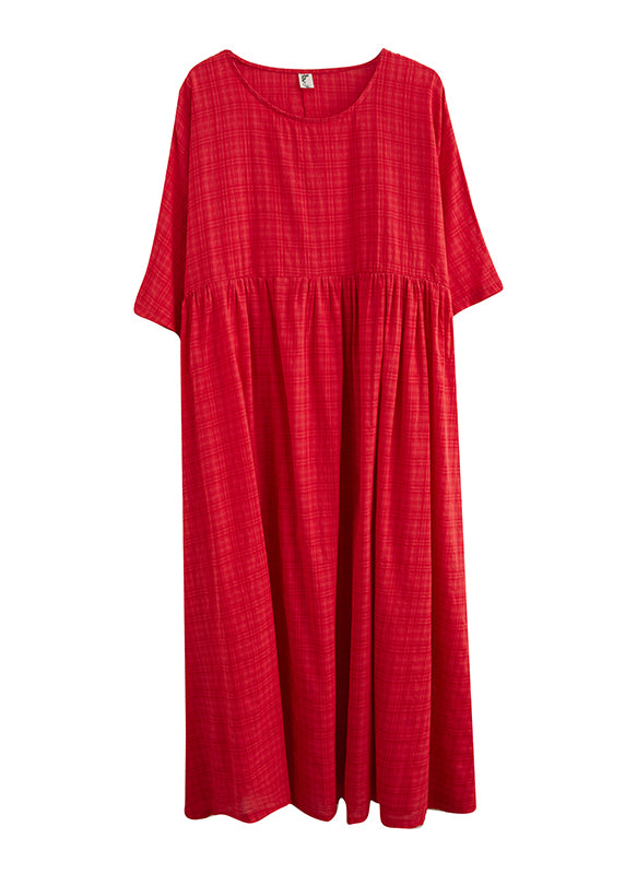 Red O-neck Cinched Cotton Holiday Dress Short Sleeve