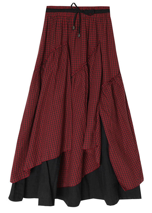 French Red Drawstring Asymmetrical Patchwork Skirt Spring
