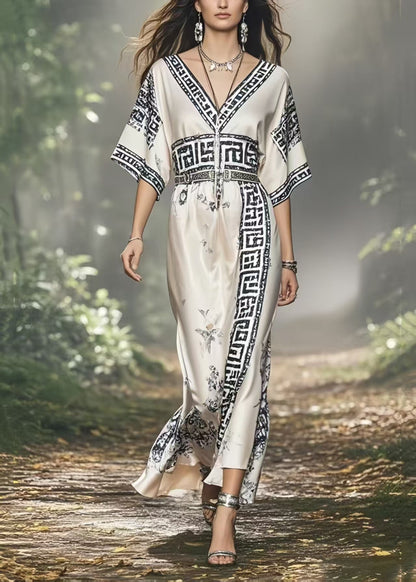 White V Neck Print Silk Vacation Dresses Summer