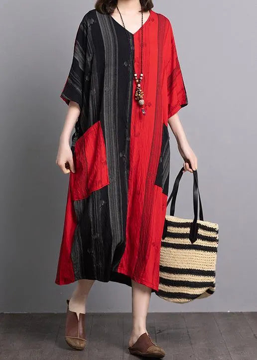 Classy V Neck Pockets Linen Outfit Sewing Black Red Patchwork Dresses Summer