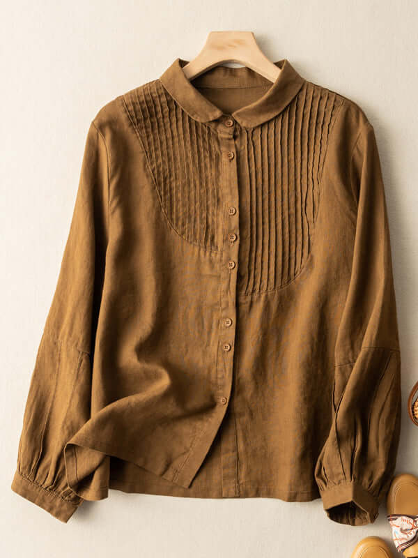 100% Linen Pleated Long Sleeve Shirt in Color